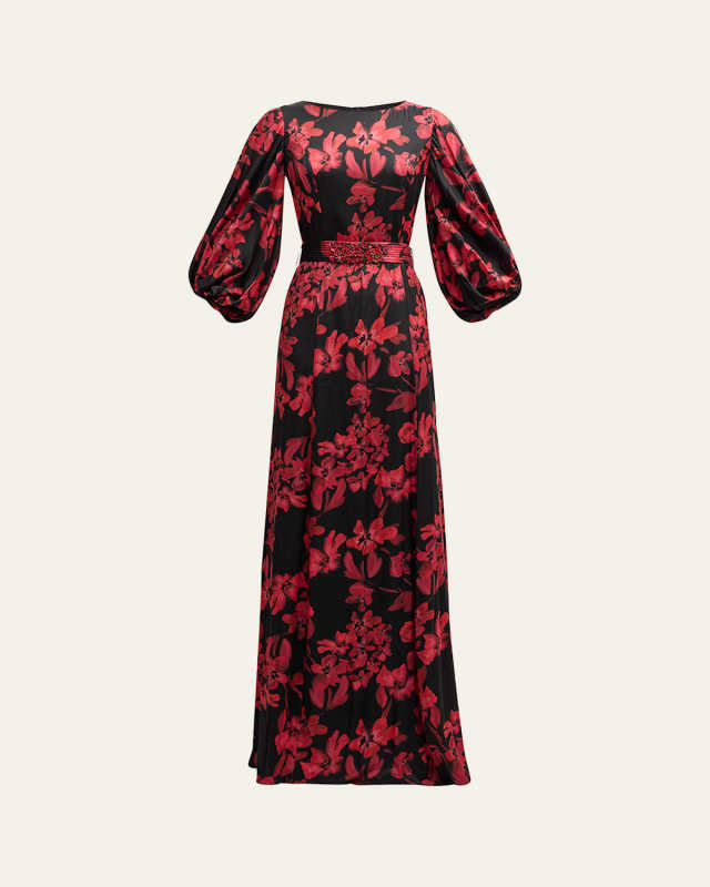 Belted Floral-Print Twill Gown
